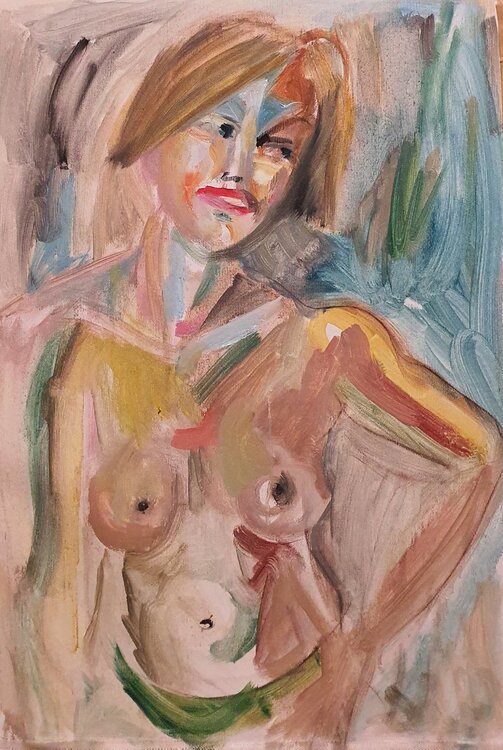 A woman standing and smileys. nude nue Karibou