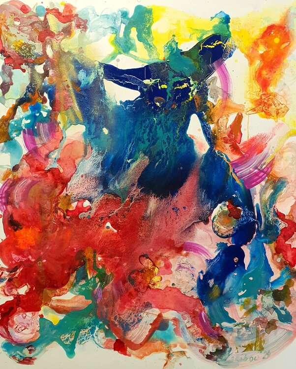 Barcelona. Freiheit. Red. Blue. Gold. Gelb. Türkis. In Manier von David Hockney Karibou