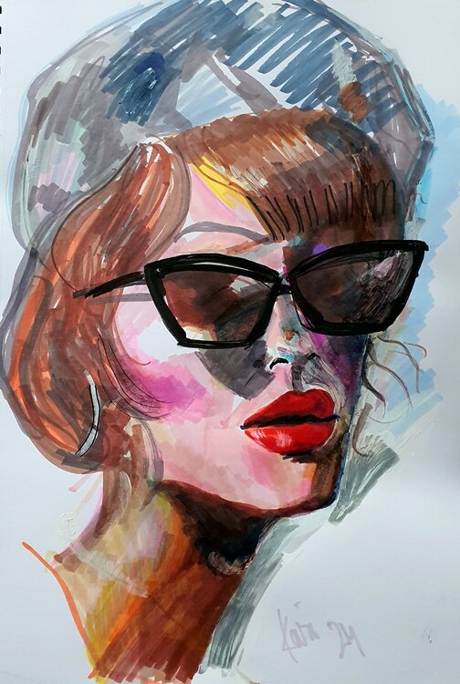 Portrait of a WOMAN with glasses and a bonnet . À la David Hockney Karibou