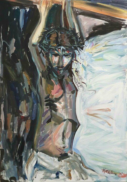 Jesus on a cross crucifixion in blue picture resurrection by karibou. Easter. Karibou