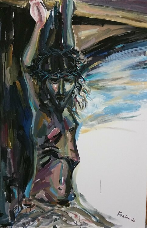 Jesus Kreuzigung, cross crucifixion in blue picture resurrection by karibou XXL Format Karibou
