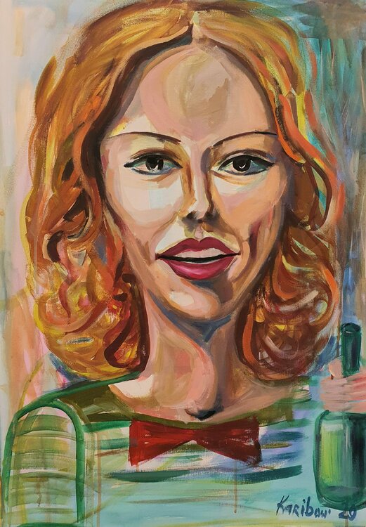 Portrait of an actress and filmstar Scarlett Johansson. Film Rabbit Jojo. WOMAN wine drinking by karibou Karibou