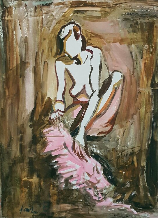 Ein halb abstraktes figuratives Gemälde.  woman puting her pants. Aktmalerei von karibou. Karibou