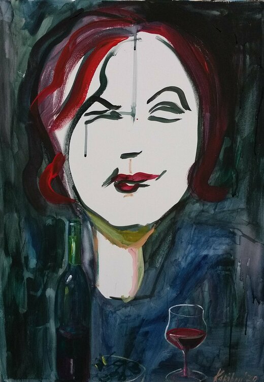 A girl Portrait Aquarell ähnlich. Frau mit einem Glas Wein. Le vin rouge. Selbstportrait von Karibou Karibou