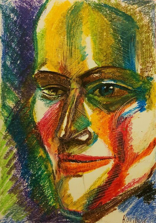 Female Portrait in red and blue inspired by David Hockney Karibou