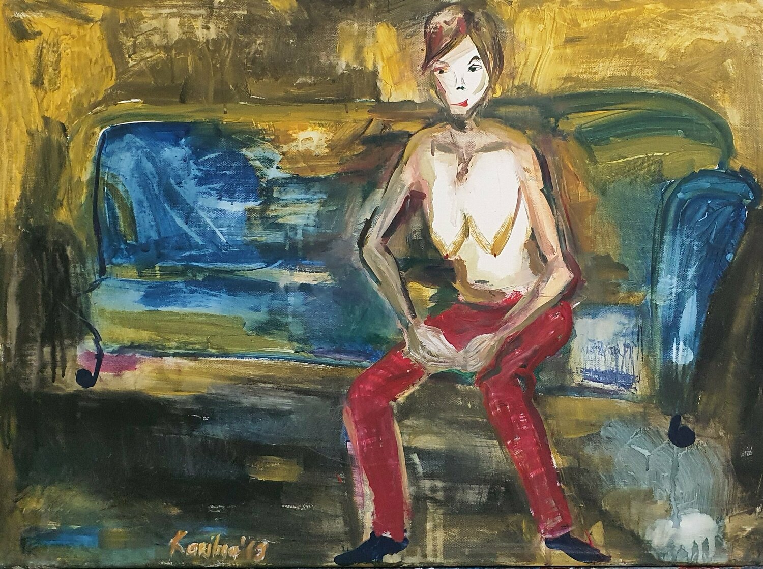 A woman puting her pants aktmalerei by karibou Karibou Originalgemälde zu verkaufen