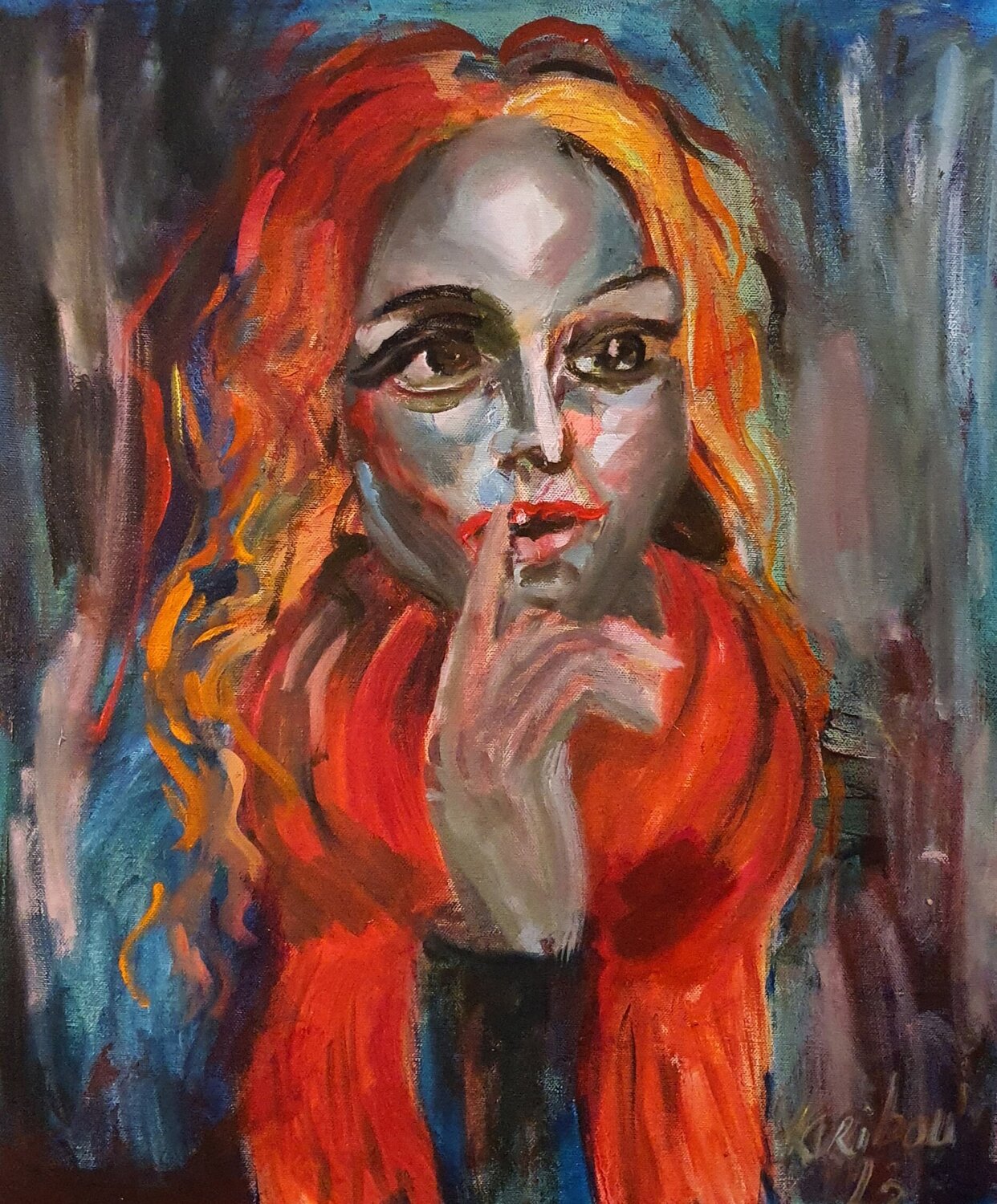 Red scarf and orange hair. Karibou