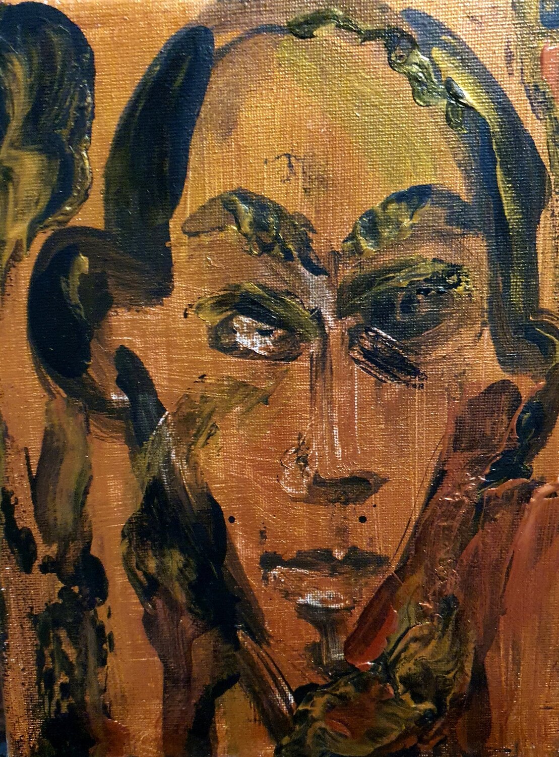 male portrait art à la David Hockney Karibou Dipinto originale in vendita