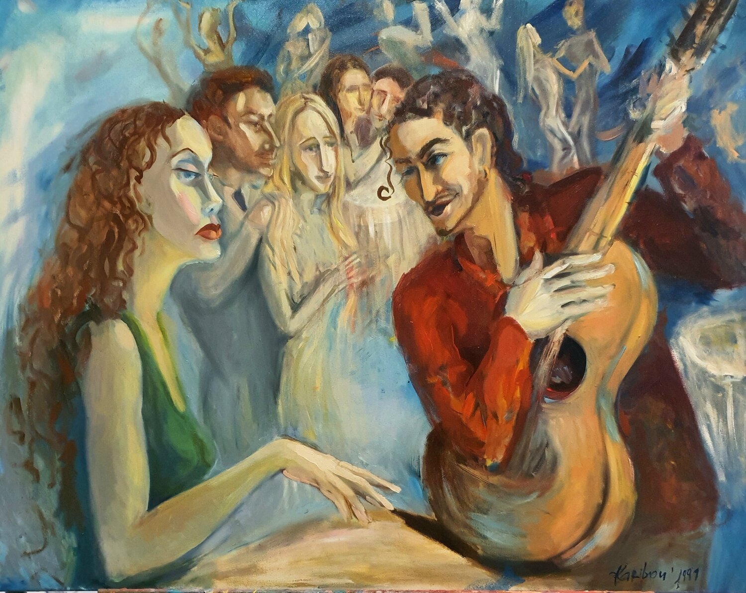 Portrait of a WOMAN. Guitarist. Karibou Originalgemälde zu verkaufen