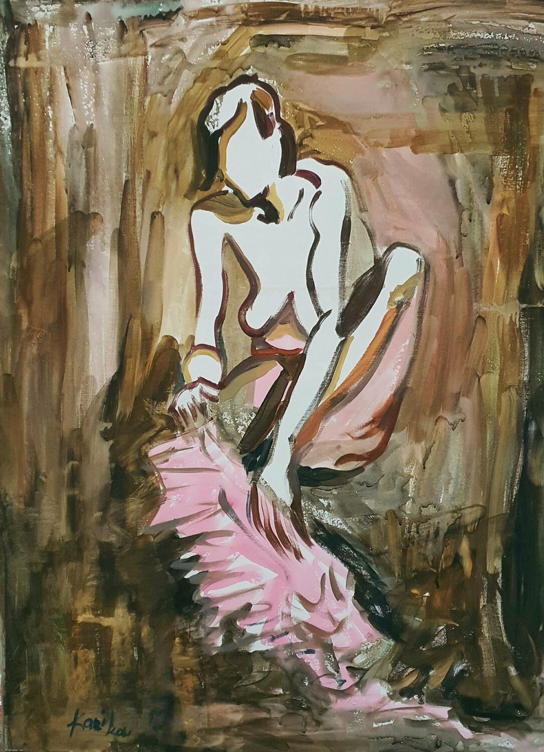 Ein halb abstraktes figuratives Gemälde.  woman puting her pants. Aktmalerei von karibou. Karibou Peinture originale à vendre