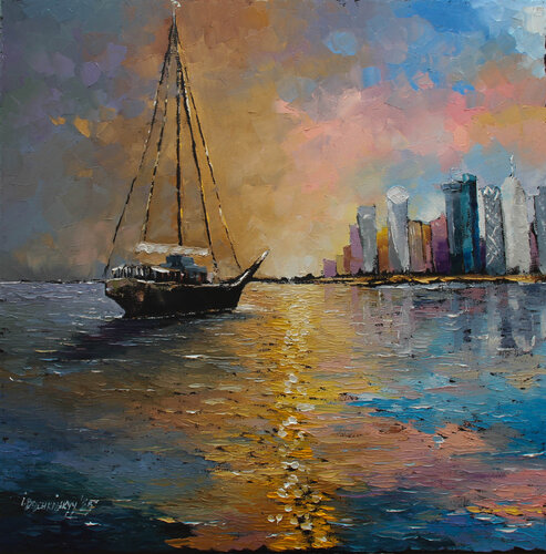 Evening in Doha Port di Ihor Bychkivskyy, Pittura in vendita su Singulart