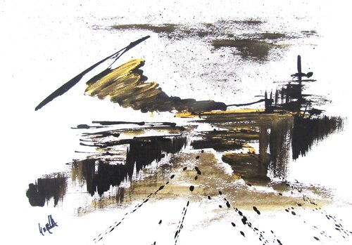 abstract landscape in black, white ant gold by Irma Engelbrecht, 회화 for Sale on Singulart