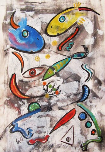 Whimsical creatures a La Miro van Irma Engelbrecht, Schilderij te koop op Singulart
