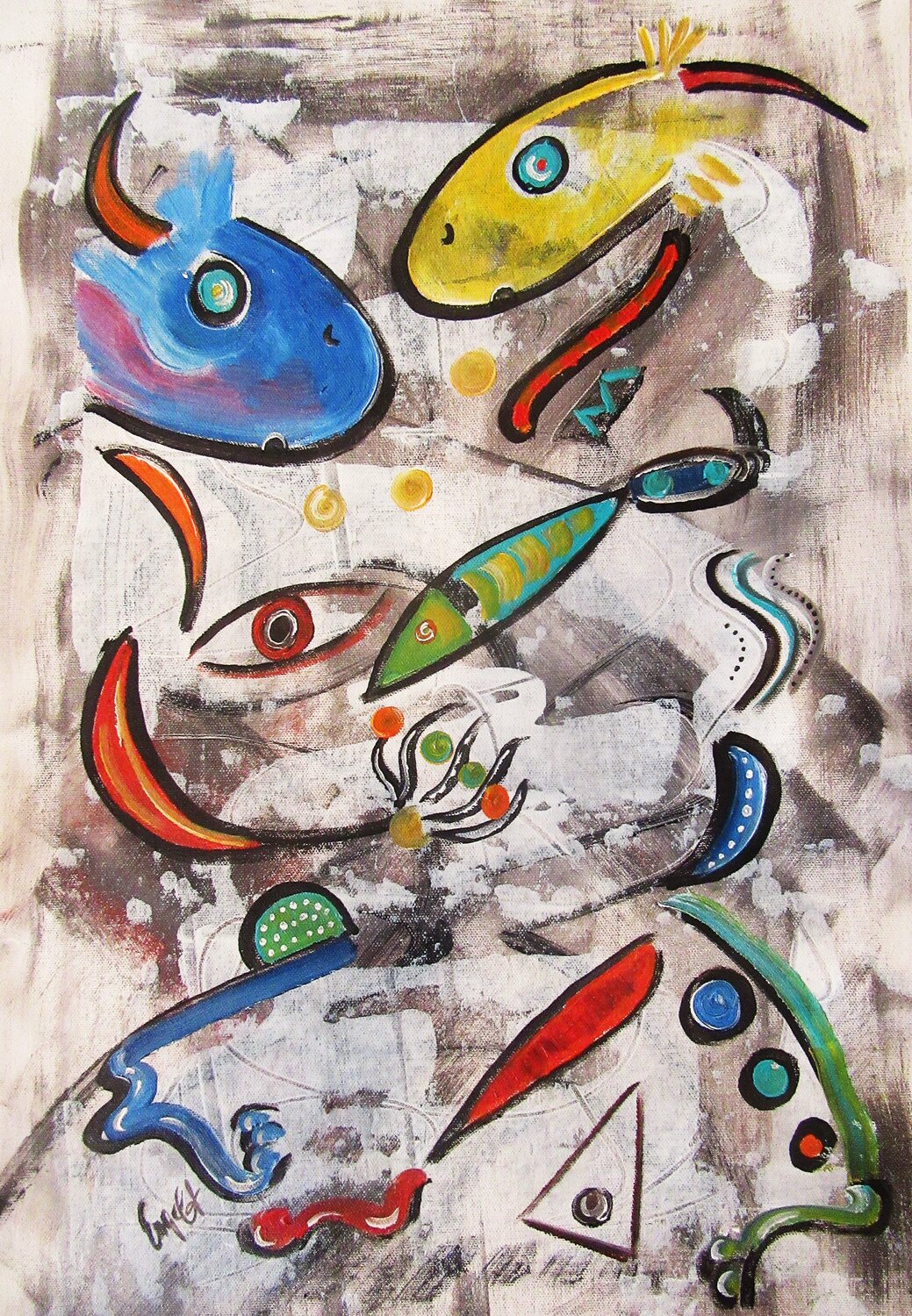 Whimsical creatures a La Miro Irma Engelbrecht Origineel schilderij te koop
