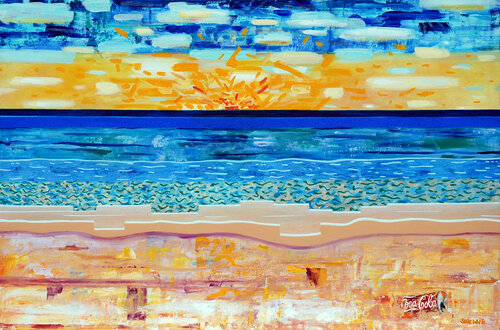 Can Of Coke On The Beach At Sunset With A Calm Sea And The Tide Going Out di Steve White, Pittura in vendita su Singulart