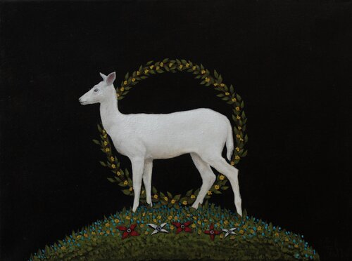 White Deer with Flowers de Gyula Szabó, Pintura a la venta en Singulart