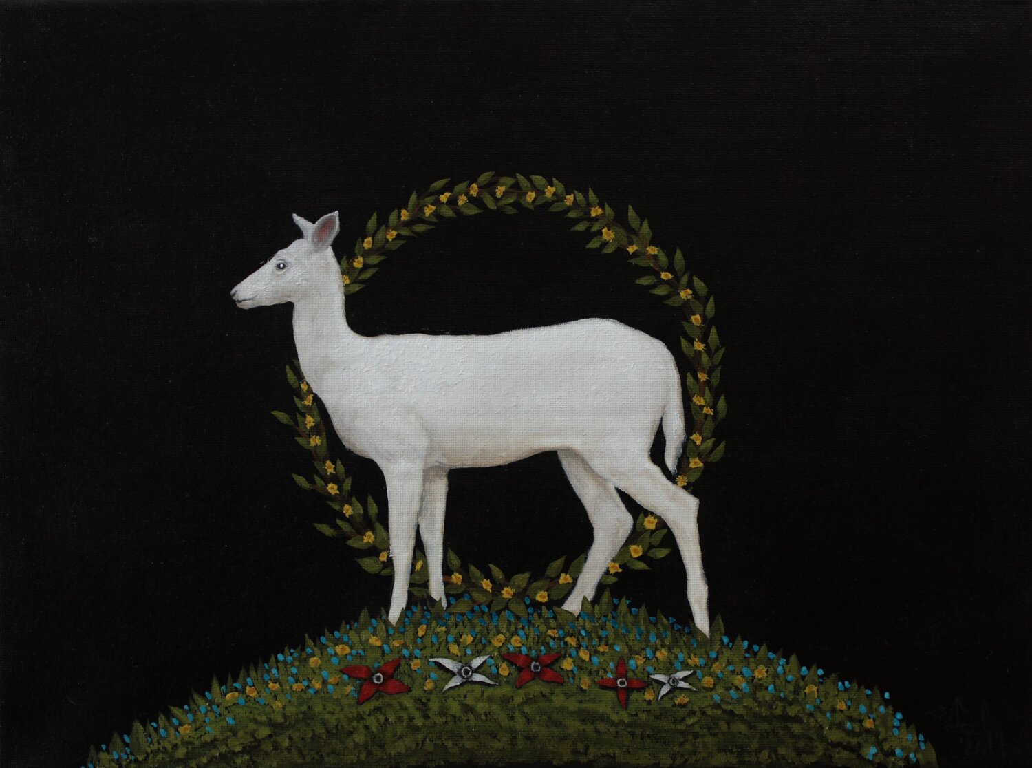 White Deer with Flowers Gyula Szabó Original painting for sale