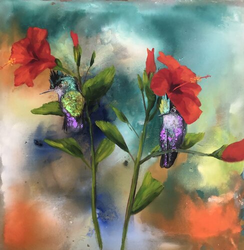 Hummingbirds with hibiscus van Naydene Gonnella, Schilderij te koop op Singulart
