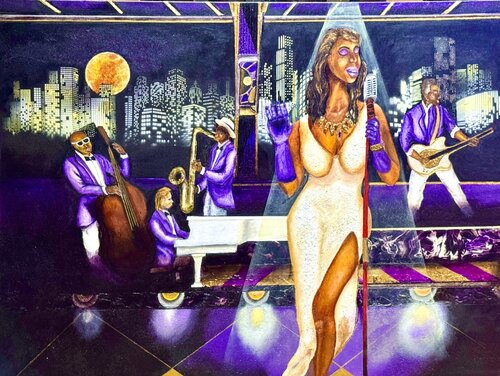 Evening at the Purple Lounge n Bistro by Andy Hollimon, Painting for Sale on Singulart