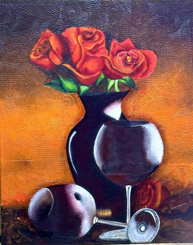 Les Spiritueux et les  Roses de Michael van Andy Hollimon, Schilderij te koop op Singulart
