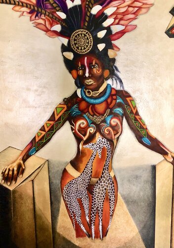 Osan I: West African Queen  (tribute to Equatorial Guinea body painting) by Andy Hollimon, 油畫 for Sale on Singulart