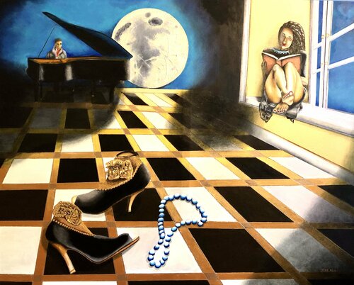 ”The Reader V: Love Will Follow”  (Literary Lover After The Party” di Andy Hollimon, Pittura in vendita su Singulart