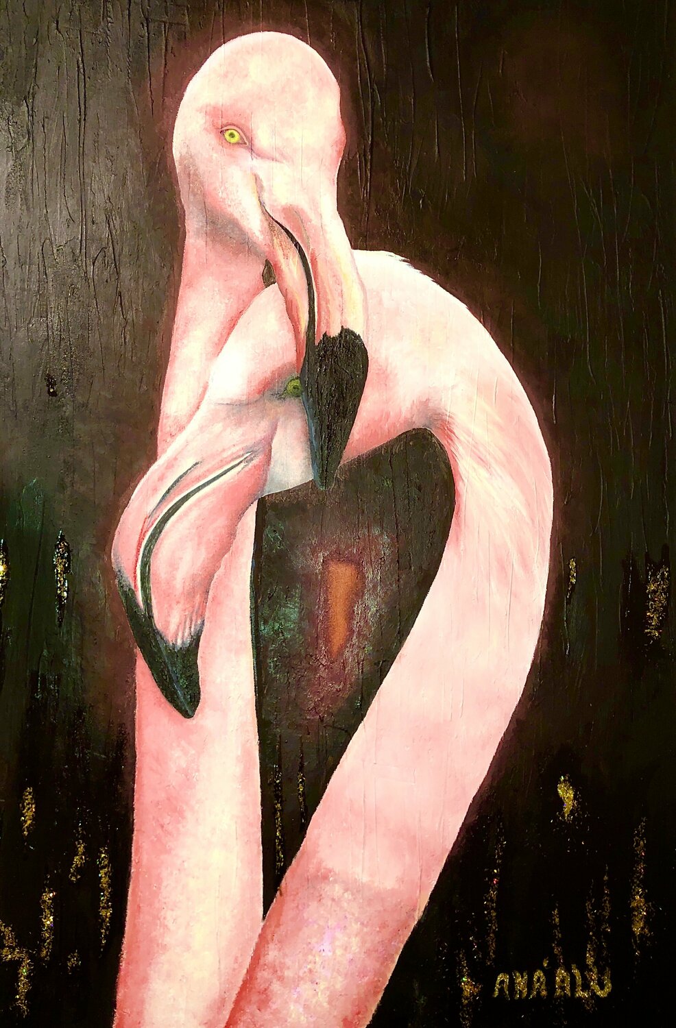 Comfortably Numb: Flamingly Flamingos Andy Hollimon Originalgemälde zu verkaufen