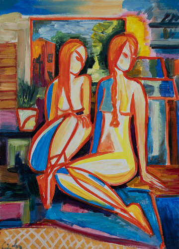 Zwei Frauen im Atelier des Malers by Maciej Cieśla, Painting for Sale on Singulart