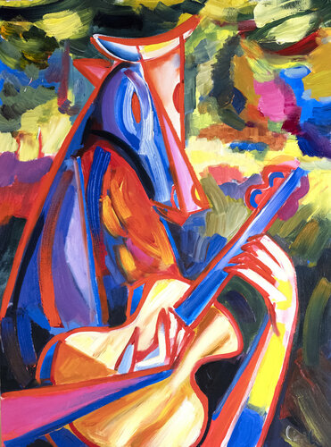 Faun musician in the forest- expressive light by Maciej Cieśla, Painting for Sale on Singulart