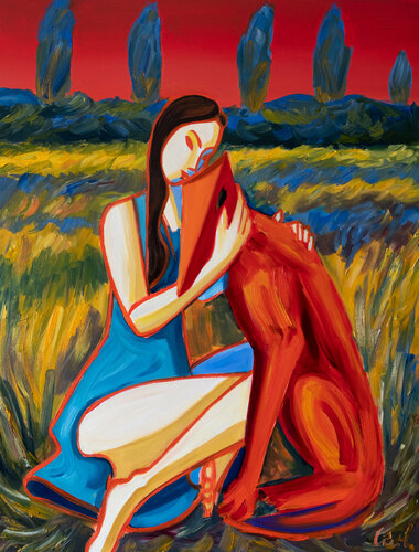 Girl and dog, nostalgic landscape by Maciej Cieśla, Painting for Sale on Singulart