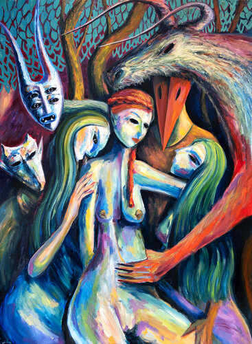 In the Forest, dark surrealism by Maciej Cieśla, Painting for Sale on Singulart