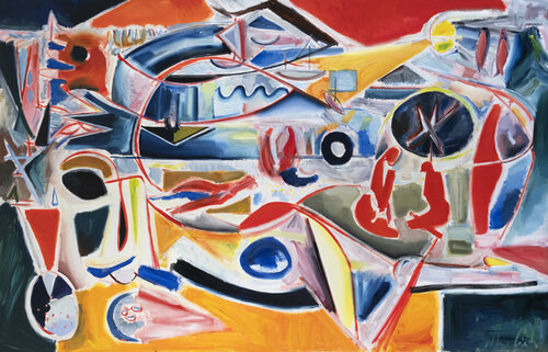 Noon, day at the lake in abstract forms de Maciej Cieśla, Pintura a la venta en Singulart