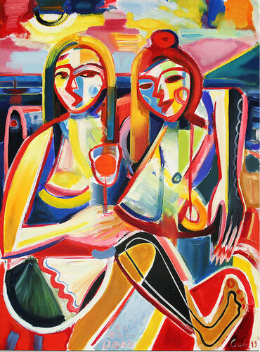 sunset over the coast, two girls and Italy landscape by Maciej Cieśla, Painting for Sale on Singulart