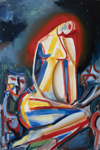 Mädchen und Albträume die Nacht in blau und rot by Maciej Cieśla, Painting for Sale on Singulart