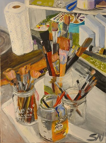 Brushes and jars van Stacy N, Schilderij te koop op Singulart