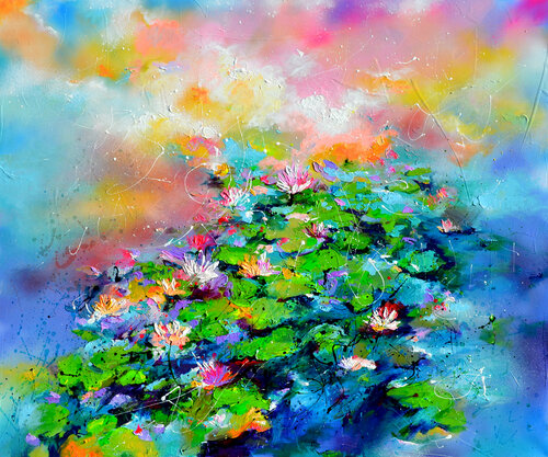 Water Lilies on the Pond van Roxana Soos, Schilderij te koop op Singulart
