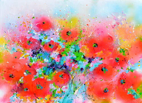 Poppies Field - Red and Orange Poppy Painting van Roxana Soos, Schilderij te koop op Singulart