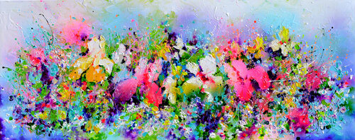 I've Dreamed 24 - Colorful Floral Painting, Iris, Dafodil and Wild Flowers Field van Roxana Soos, Schilderij te koop op Singulart