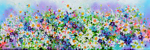 I've Dreamed 27 - Daisies and Blue Forget me Not Flowers van Roxana Soos, Schilderij te koop op Singulart
