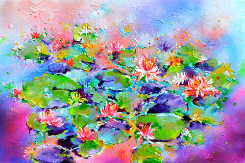 Water Lilies on the Pond van Roxana Soos, Schilderij te koop op Singulart