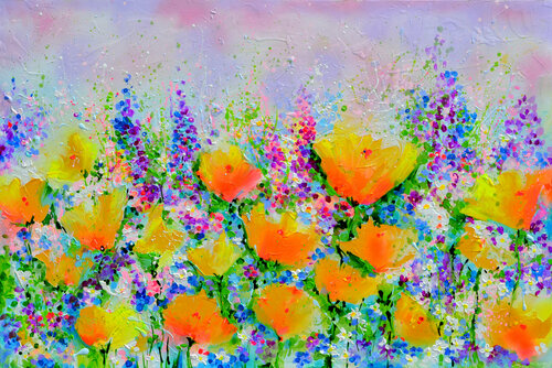 Californian Yellow Poppies Field di Roxana Soos, Pittura in vendita su Singulart