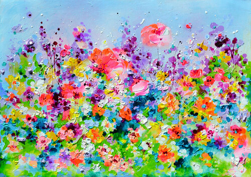 Summer Flower Field - Anemone, Poppies, Peonies, Californian Poppy, Daisies di Roxana Soos, Pittura in vendita su Singulart