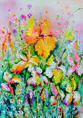 I've Dreamed 49 - Yellow Iris Field di Roxana Soos, Pittura in vendita su Singulart