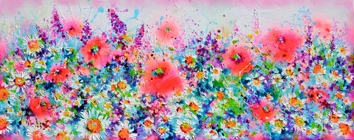 Summer Wild Flower Field - Chamomile Delphinium Red Poppies and Daisies di Roxana Soos, Pittura in vendita su Singulart