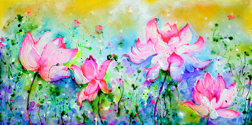 Pink Lotus Flowers di Roxana Soos, Pittura in vendita su Singulart