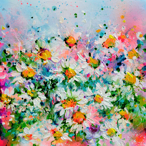 White Daisies Floral Field di Roxana Soos, Pittura in vendita su Singulart