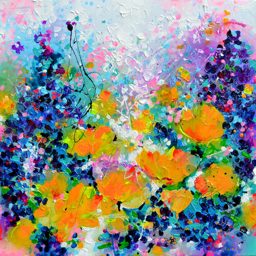 Wild Delphinium and Yellow Californian Poppies Floral Field di Roxana Soos, Pittura in vendita su Singulart