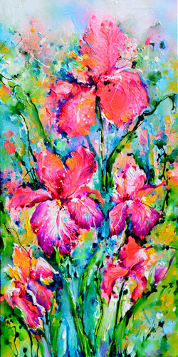 Pink Iris Flower Field di Roxana Soos, Pittura in vendita su Singulart