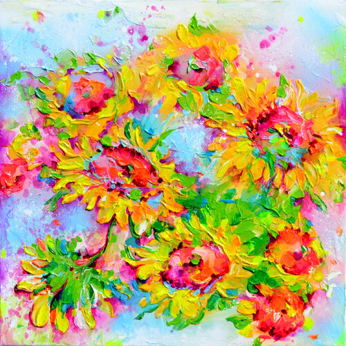 Yellow Sunflower Field 4 di Roxana Soos, Pittura in vendita su Singulart