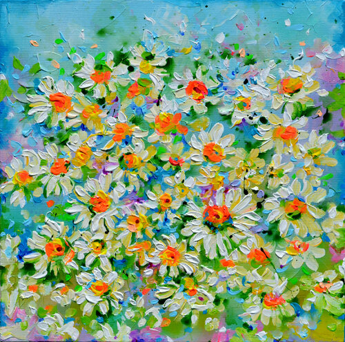 White Daisies Floral Field 2 di Roxana Soos, Pittura in vendita su Singulart